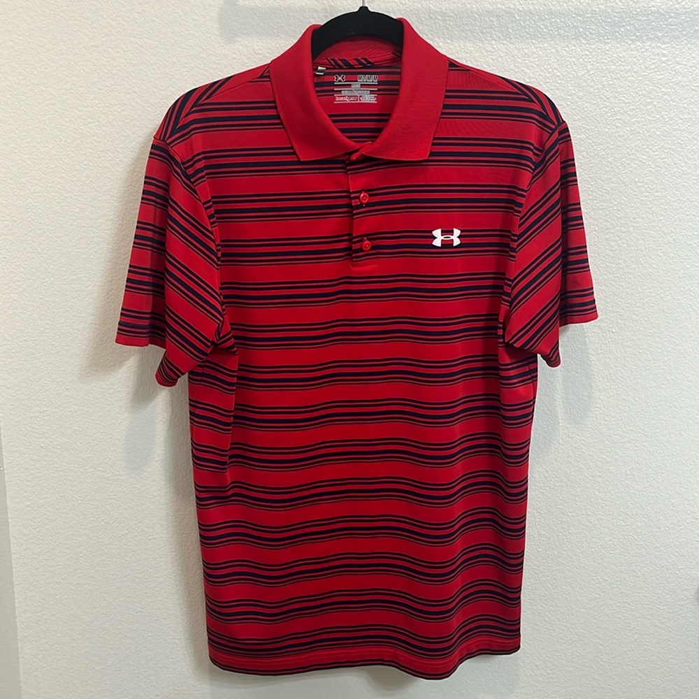 Under Armour Heat Gear Loose Fit Red Blue Striped Golf Polo Men’s Size Medium